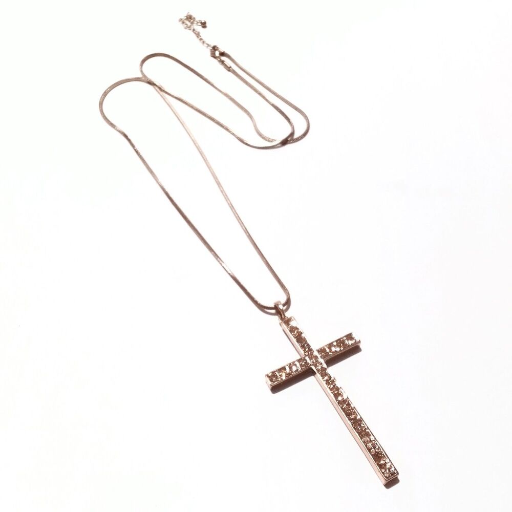 Large Gold Tone Rhinestone Cross Pendant Necklace 32 Inch - Picture 5 of 7